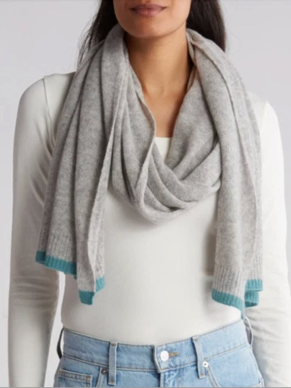 Portolano Colorblock 100% Cashmere Scarf Grey with Teal Blue Trim (One Size)
